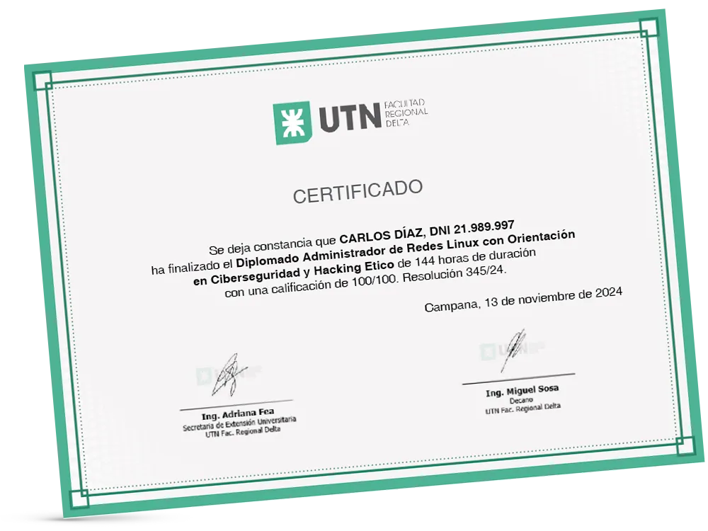 Certificado Diplomado Administrador de Redes Linux con Orientación en Ciberseguridad y Hacking Ético