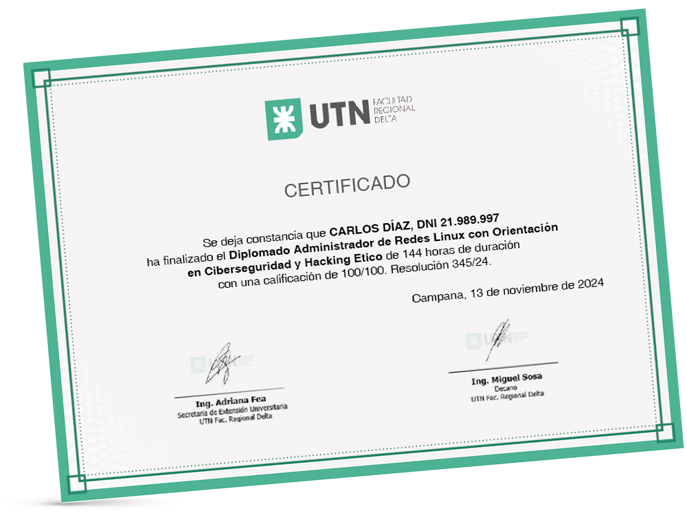 Certificado Diplomado Administrador de Redes Linux con Orientación en Ciberseguridad y Hacking Ético