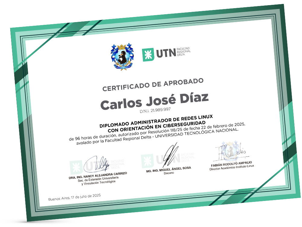 Certificado Diplomado Administrador de Redes Linux con Orientación en Ciberseguridad