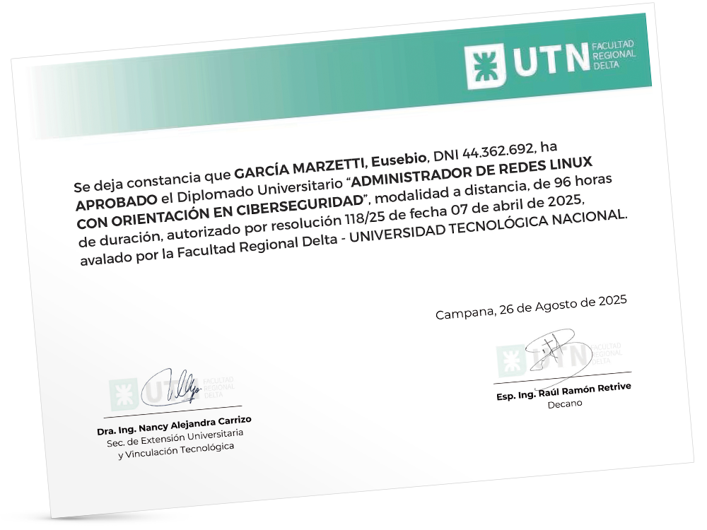 Certificado Diplomado Administrador de Redes Linux con Orientación en Ciberseguridad