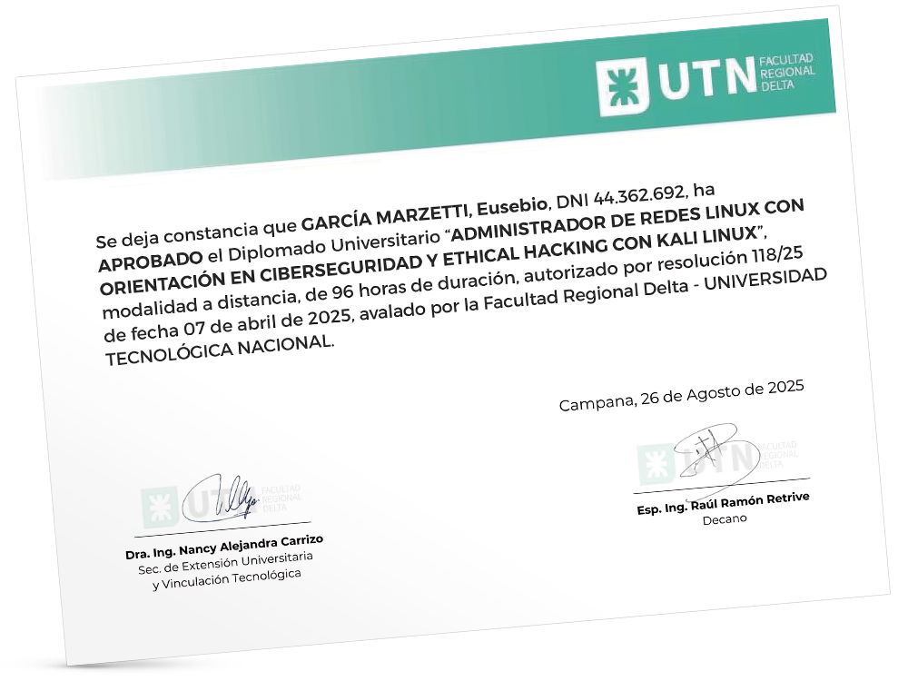 Certificado Diplomado Administrador de Redes Linux con Orientación en Ciberseguridad y Ethical Hacking con Kali Linux